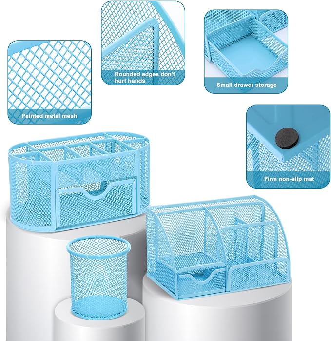 17 in 1 Blue Desk Organizers and Accessories Set, 3 Office Desk Supplies - Image 3