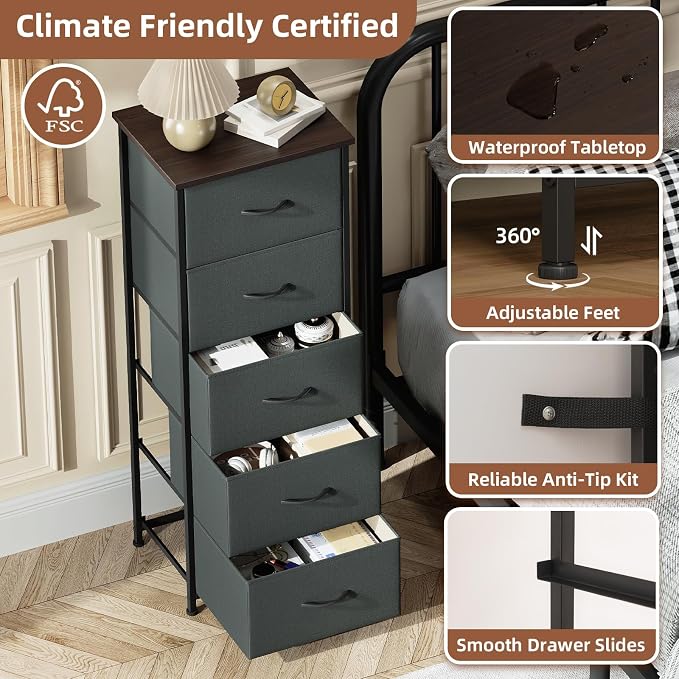 Somdot Tall Dresser for Bedroom, 5 Drawer Storage Cabinet, Charcoal Grey | - Image 6