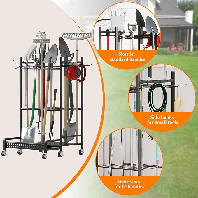 Garden Tool Organizer with Wheels, Heavy-Duty Steel Garage Tool Storage Rack - Image 6