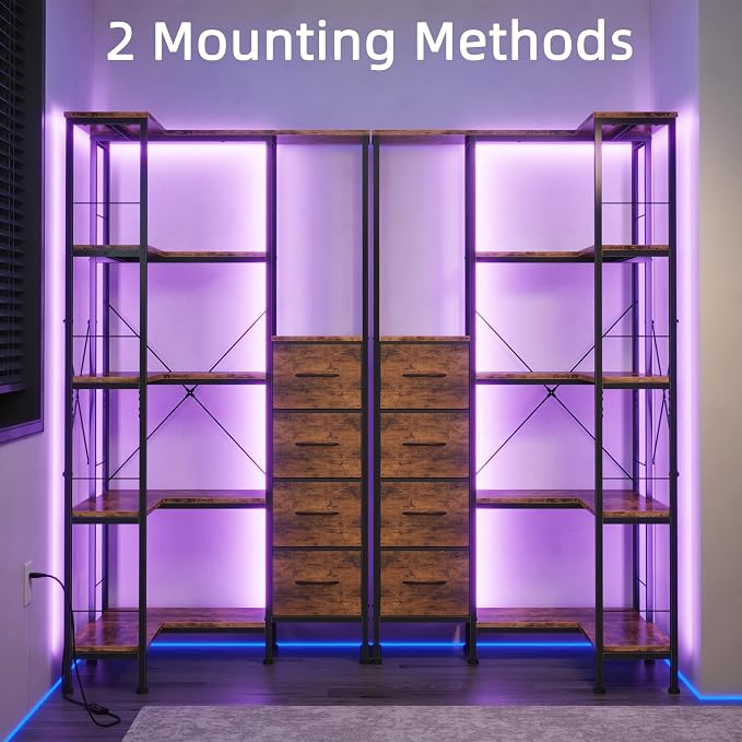 AFLUI Corner Bookshelf with LED Light Strips & 4 Fabric Drawers, 5-Tier - Image 5