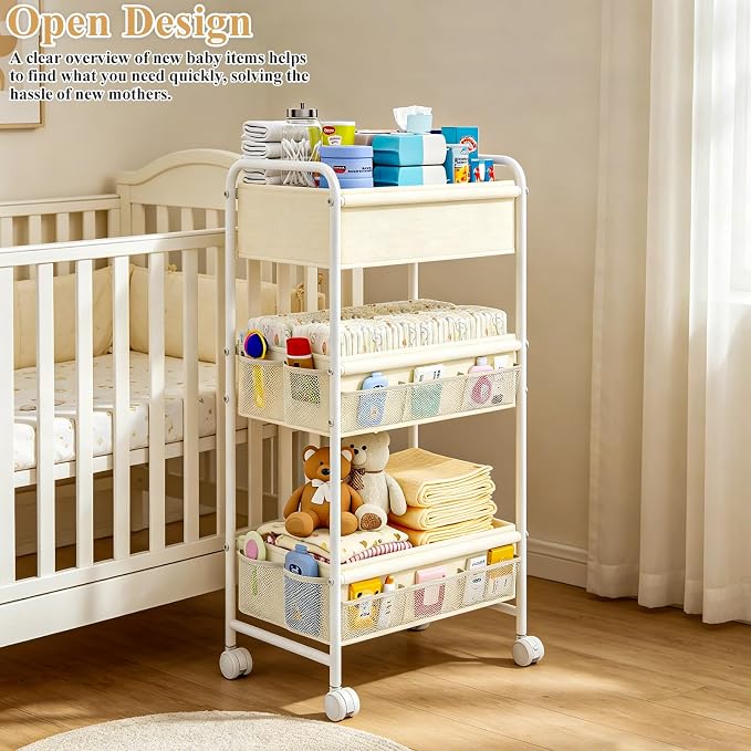 3-Tier Baby Diaper Caddy Cart Organizer, Mobile Nursery Storage Carts - Image 4