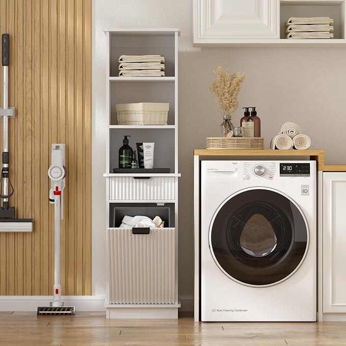 White Tilt Out Laundry Hamper Tall Bathroom Storage Cabinet Hidden Laundry - Image 7