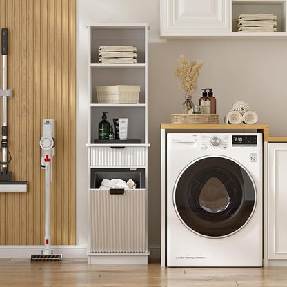 White Tilt Out Laundry Hamper Tall Bathroom Storage Cabinet Hidden Laundry - Image 7