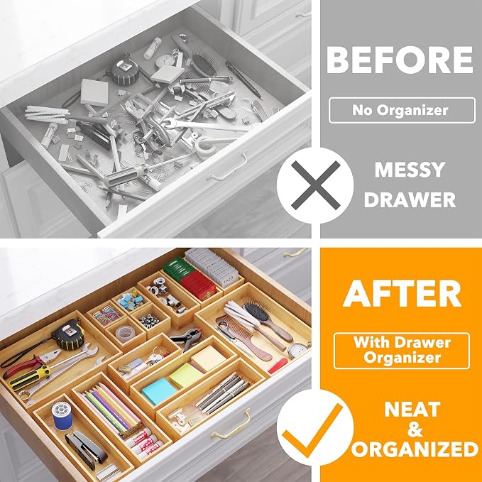 SpaceAid 14-Piece Bamboo Drawer Organizer Storage Boxes Set, Wood Tray Junk - Image 2