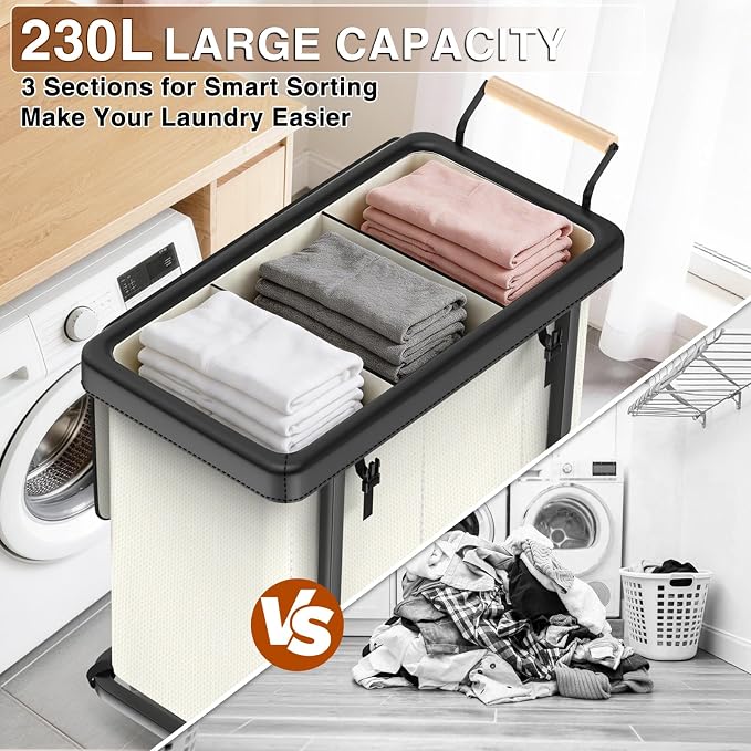 Rolling Laundry Hamper with Wheels, Laundry Hamper 3 Section with Lid, Laundry - Image 4
