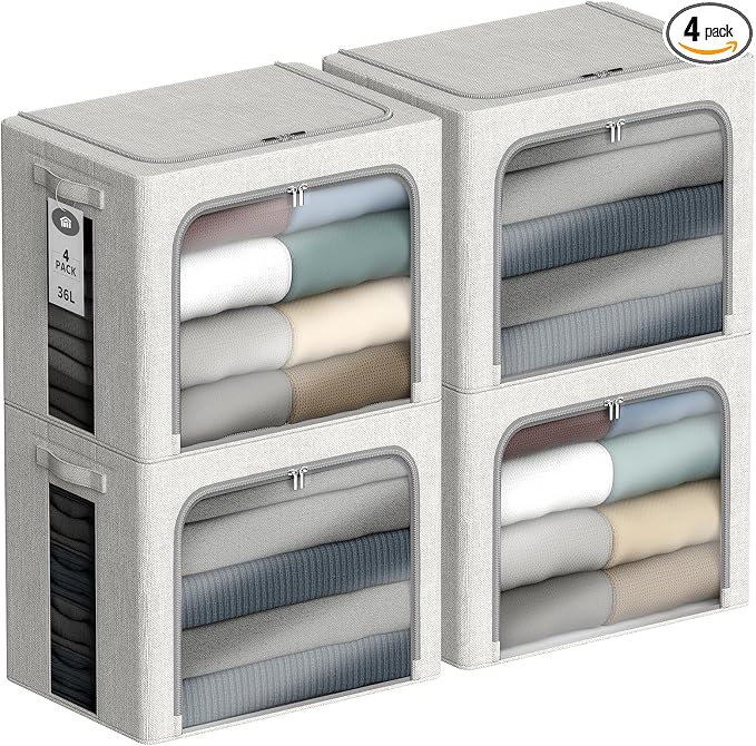 4 Pack Clothes Storage Bins - 36L Stackable Storage Box with Lid，Foldable by Chizjox