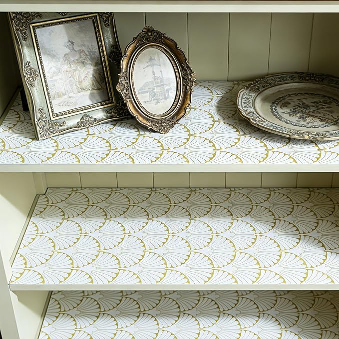 Shelf Liners Non Adhesive Gold Background White Fan-Shaped Pattern - Image 5