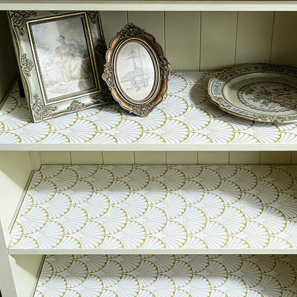 Shelf Liners Non Adhesive Gold Background White Fan-Shaped Pattern - Image 5
