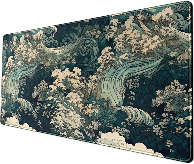 Japanese Large Mouse Pad Gaming Sea Wave Desk Pad Blue Sea Flower Art by YKJWW