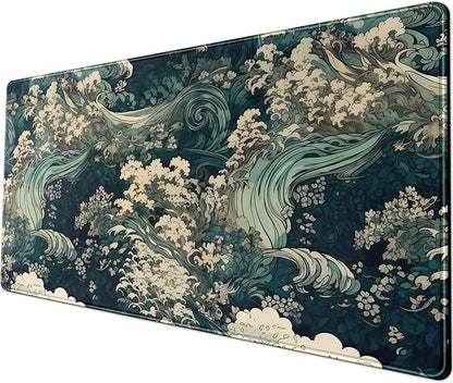 Japanese Large Mouse Pad Gaming Sea Wave Desk Pad Blue Sea Flower Art by YKJWW