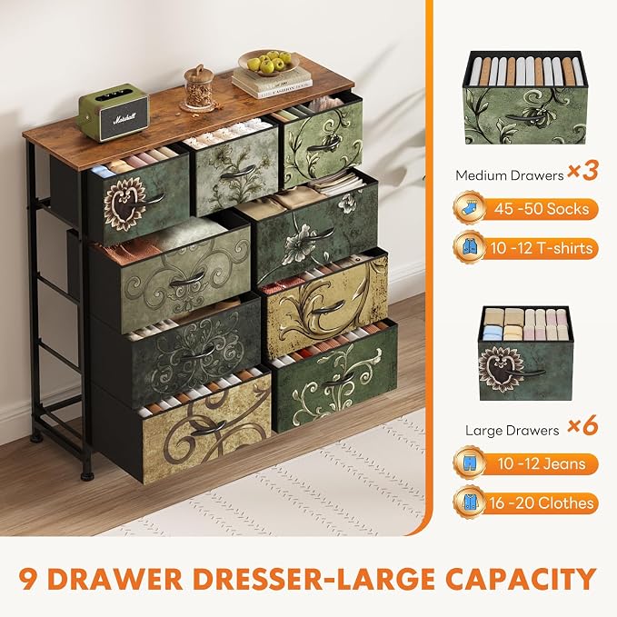 DUMOS 9 Drawer Dresser for Bedroom, Storage Organizer Chest of Drawers | Fabric - Image 6