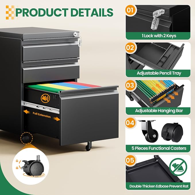 3 Drawer Mobile File Cabinet - Image 4