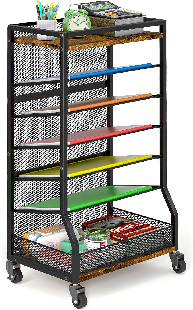 7 Tier Rolling File Cart with Sliding Trays, Wood Metal File Organizer Beside by ThreeHio