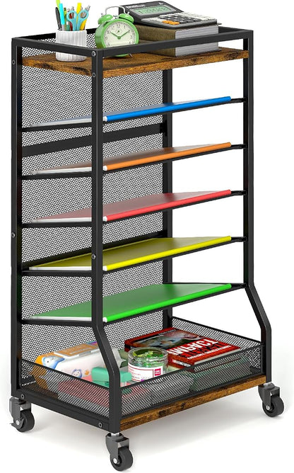 7 Tier Rolling File Cart with Sliding Trays, Wood Metal File Organizer Beside by ThreeHio