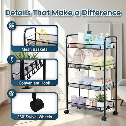 LOFTEY 4 Tier Rolling Storage Cart, Small Metal Utility Cart on Wheels - Image 5