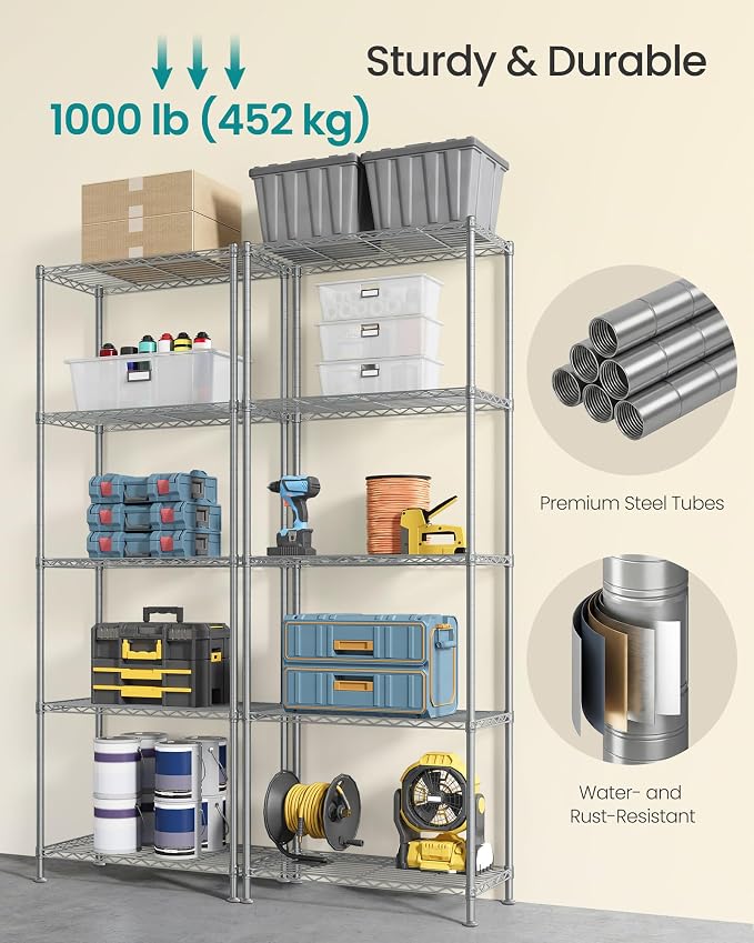 SONGMICS Storage Shelf, Metal Wire Shelving Unit, Adjustable Shelves, - Image 4