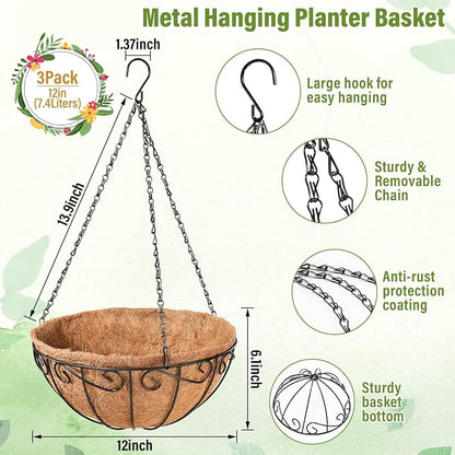 3 Pack 12 Inch Metal Hanging Baskets - Image 2