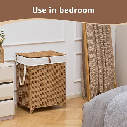 Laundry Hamper with Lid and Removable Liner Bag, Handwoven Rattan Clothes - Image 4