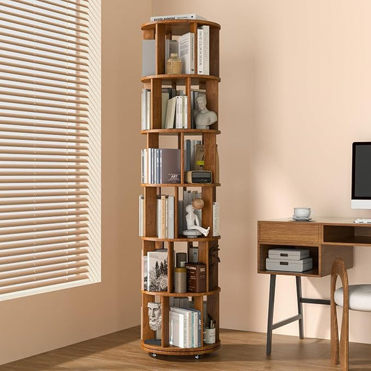 6 Tier Solid Wood Rotating Bookshelf on Wheels, 360° Spinning Book Shelf Tower by IUNVR