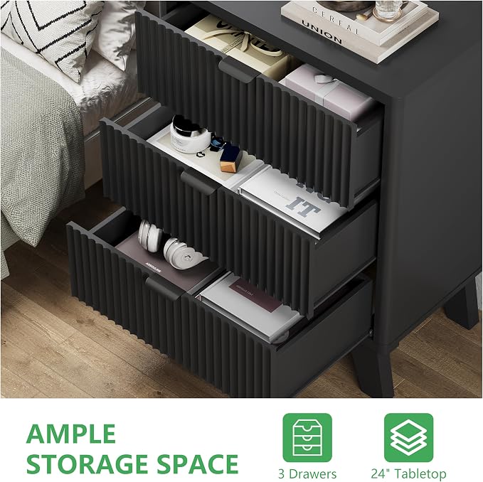 Fluted Nightstand with 3 Storage Drawers, Mid Century Modern Wooden Side Table - Image 4