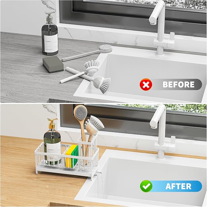 Cisily White Sponge Holder for Kitchen Sink, Sink Caddy Organizer - Image 6