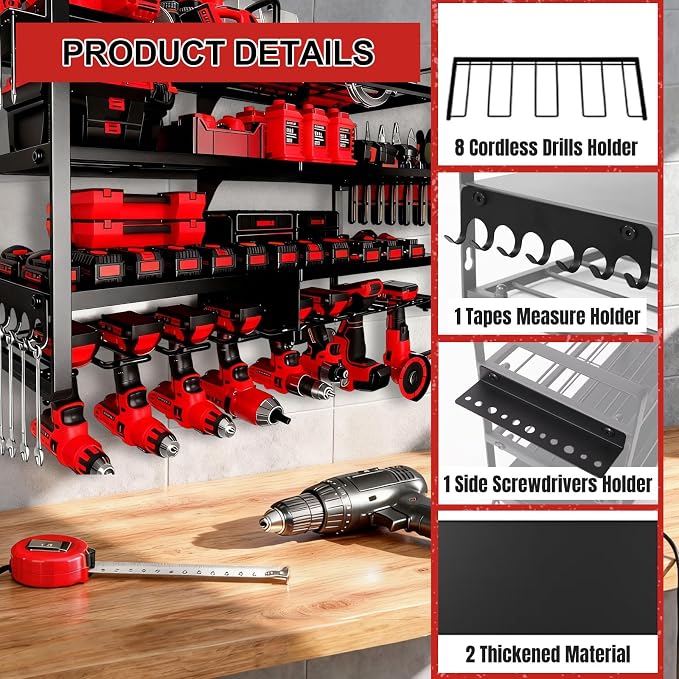 Large Power Tool Organizer Wall Mount, 4 Layer Heavy Duty 8 Cordless Drill - Image 3