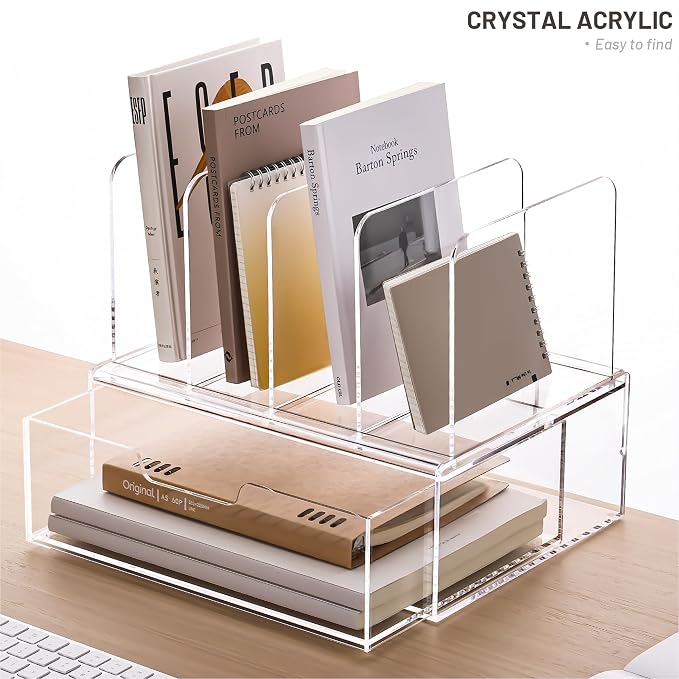 YUXUN Desk Organizer with Drawers, Acrylic File Organizer with 4 Vertical File - Image 6