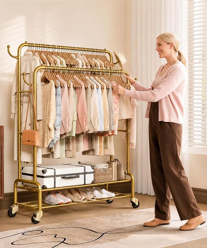 Homde Heavy Duty Clothes Rack: 265lb Rolling Double Rod Garment Hanging - Image 2