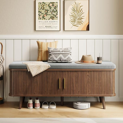 Decofy Shoe Storage Bench with Cushion and Sliding Doors, 47.2 Inch Shoe Bench by Decofy