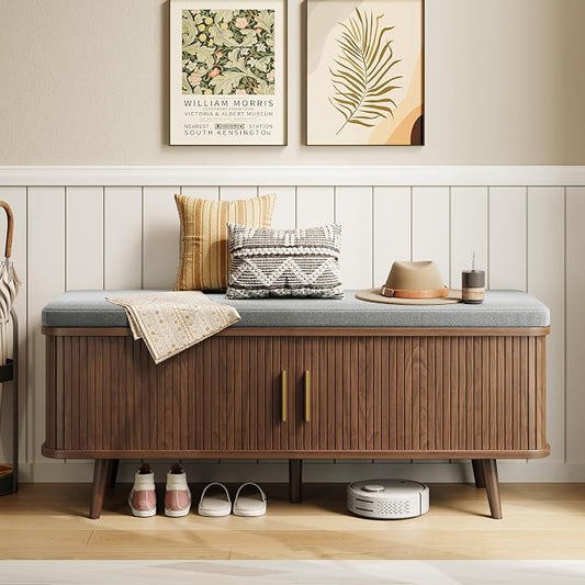 Decofy Shoe Storage Bench with Cushion and Sliding Doors, 47.2 Inch Shoe Bench by Decofy