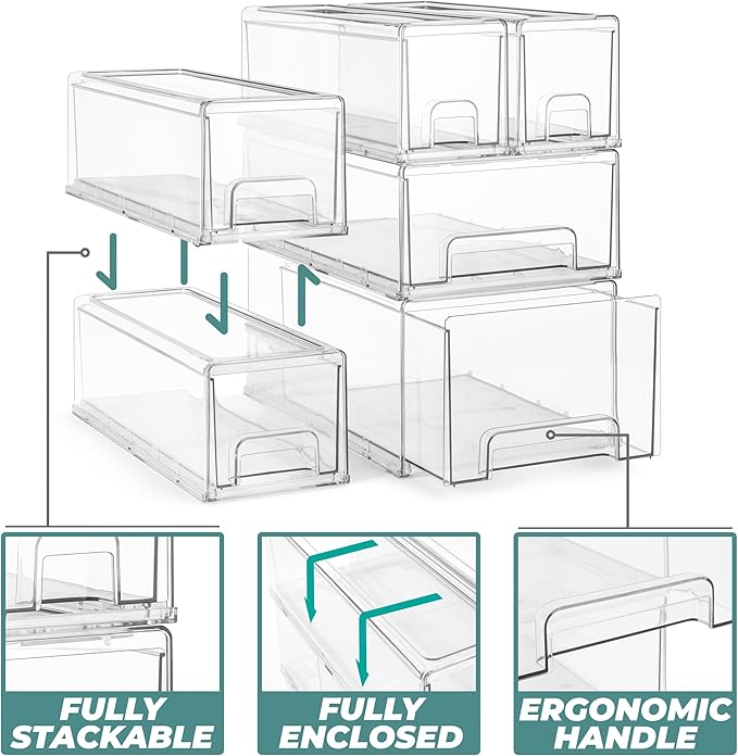 Sorbus Small Clear Stackable Storage Drawers – 4-Pack Plastic Organizer Bins - Image 4