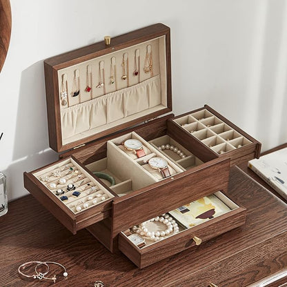 Wooden Jewelry Box for Women, 3 Level Multi-functional Drawers Black Walnut by Homruilink