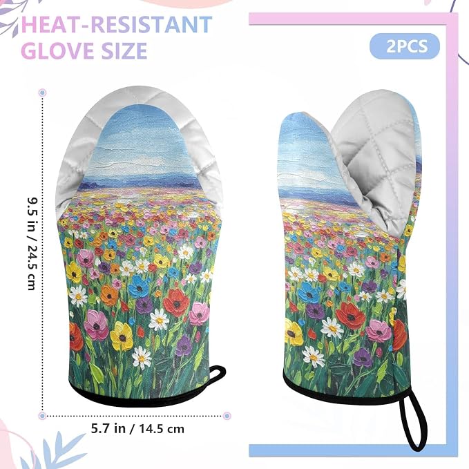 Heat Resistant Oven Mitts, Spring Daisy Colored Flowers Sea Kitchen Gloves - Image 3