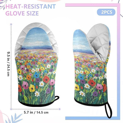 Heat Resistant Oven Mitts, Spring Daisy Colored Flowers Sea Kitchen Gloves - Image 3