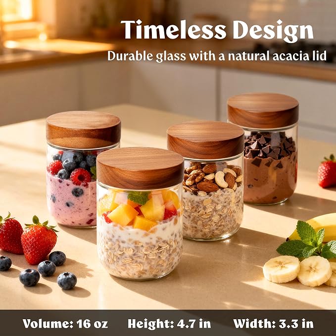Overnight Oats Containers with Lids Acacia Glass Jars - Image 2