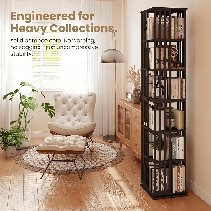 6 Tier Bamboo Rotating Bookshelf Tower, 360 Swivil Bookcase, 74.7in | Easy - Image 5