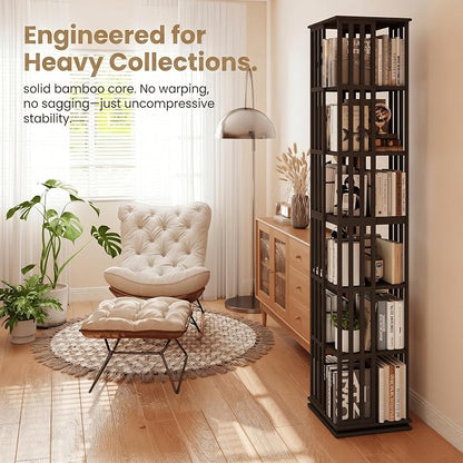 6 Tier Bamboo Rotating Bookshelf Tower, 360 Swivil Bookcase, 74.7in | Easy - Image 5