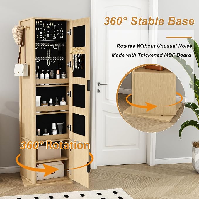 360° Rotating Full-Length Mirror Cabinet, Freestanding Jewelry Armoire Organizer - Image 6