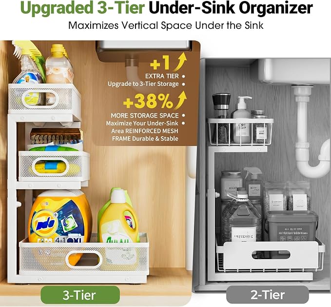 Under Sink Organizer 3 Tier, 2 Pack L-Shaped Pull-Out Cabinet Organizer - Image 5