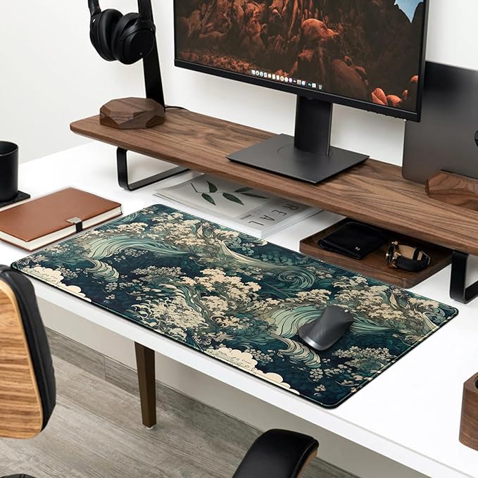 Japanese Large Mouse Pad Gaming Sea Wave Desk Pad Blue Sea Flower Art - Image 3