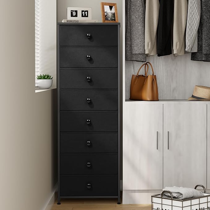 Fabric Dresser for Bedroom, 8 Drawer Tall Vertical Skinny Tower | Wooden Top - Image 7