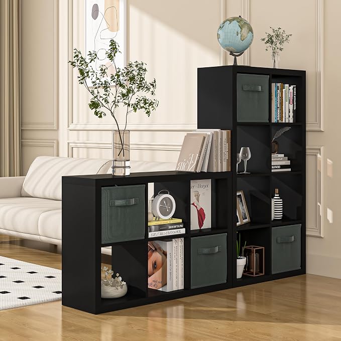 Bookshelf with Storage Bin, 4-Cube Storage Organizer, Modern Wood Open Bookcase - Image 2