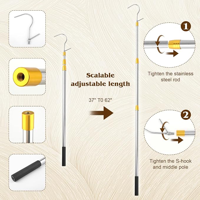 Clothes Hook Rod, 27-62 Inch Long Telescopic Rod, Stainless Steel, S-Shaped Hook - Image 3