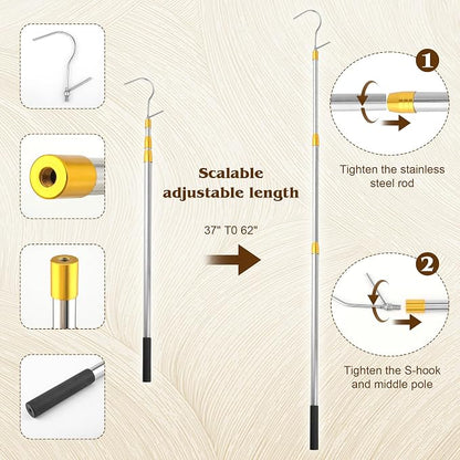 Clothes Hook Rod, 27-62 Inch Long Telescopic Rod, Stainless Steel, S-Shaped Hook - Image 3