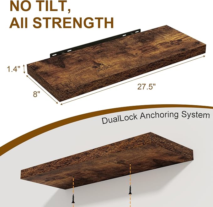 Floating Shelves for Wall, 27.5 Inch Bathroom Shelves Set of 2, Rustic Wood - Image 3