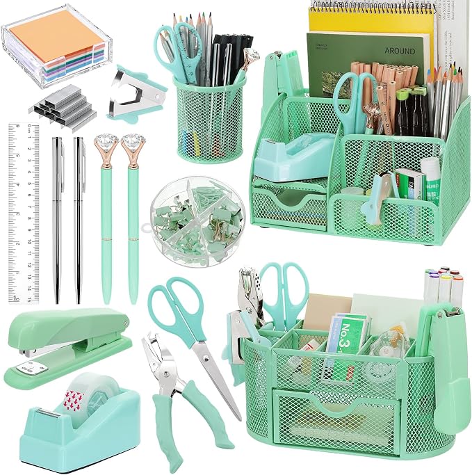 17 in 1 Green Desk Organizers and Accessories Set, 3 Office Desk Supplies by Froidesente