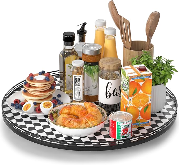 21" Black and White Kitchen Lazy Susan Turntable, Round Checkered Decorative by AMH