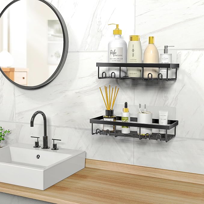 Moforoco Shower Caddy Shelf Organizer Rack, Self Adhesive Black Bathroom - Image 7