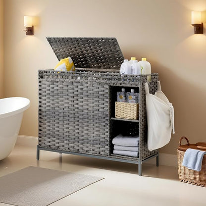 Laundry Hamper with Lid, 130L Rattan Laundry Hamper 3 Section with 50L Storage by Gitelnour