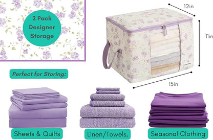 Designer Canvas Clothing Storage Bags 2 Pack Purple Floral Clothes Organizer - Image 2
